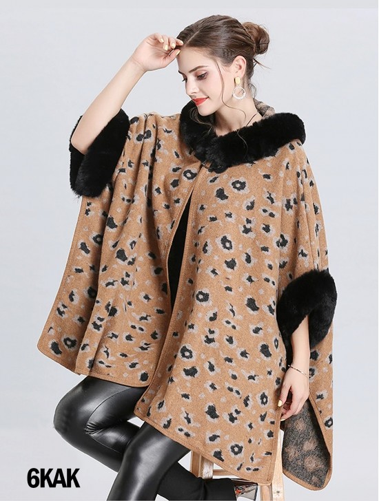 Soft Leopard Print Cape W/ Fur Detailing